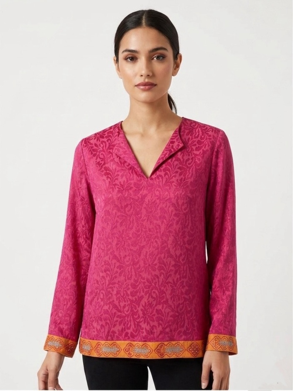 CHUFY Pink Damask Jacquard Long Sleeve Top Embroidered Trim V-Neck NWT